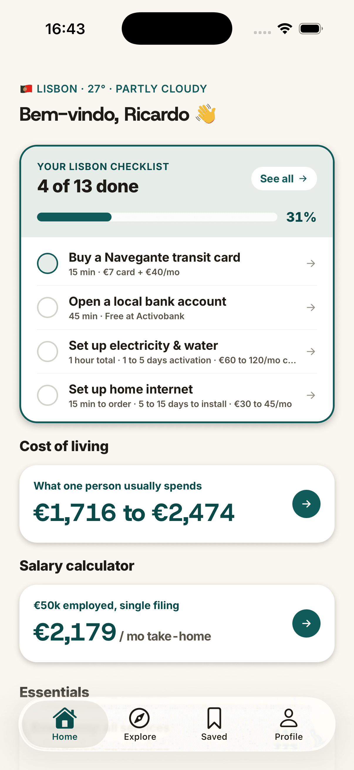 Settli app showing the Lisbon home screen with to-do list and how-to guides